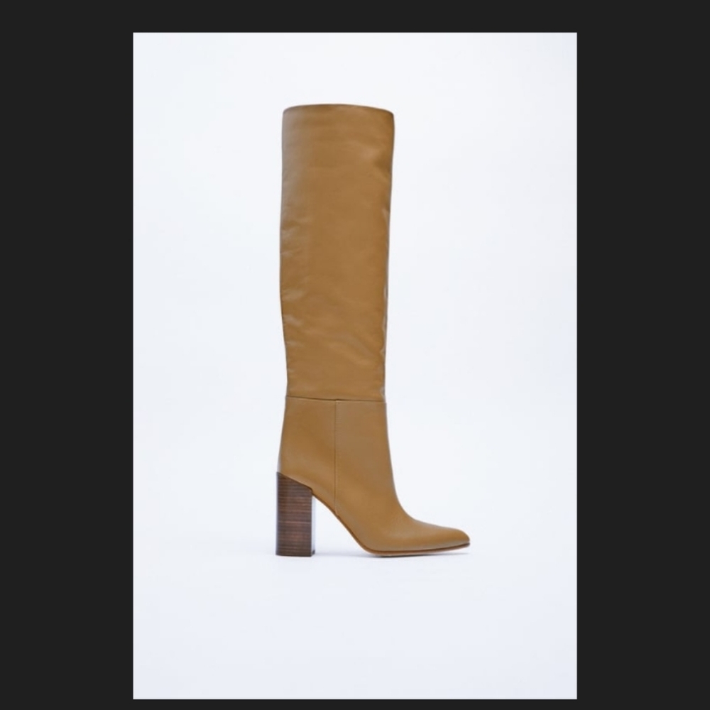 NWT ZARA High Heeled Leather Knee High Boots TAUPE GRAY Sz 9